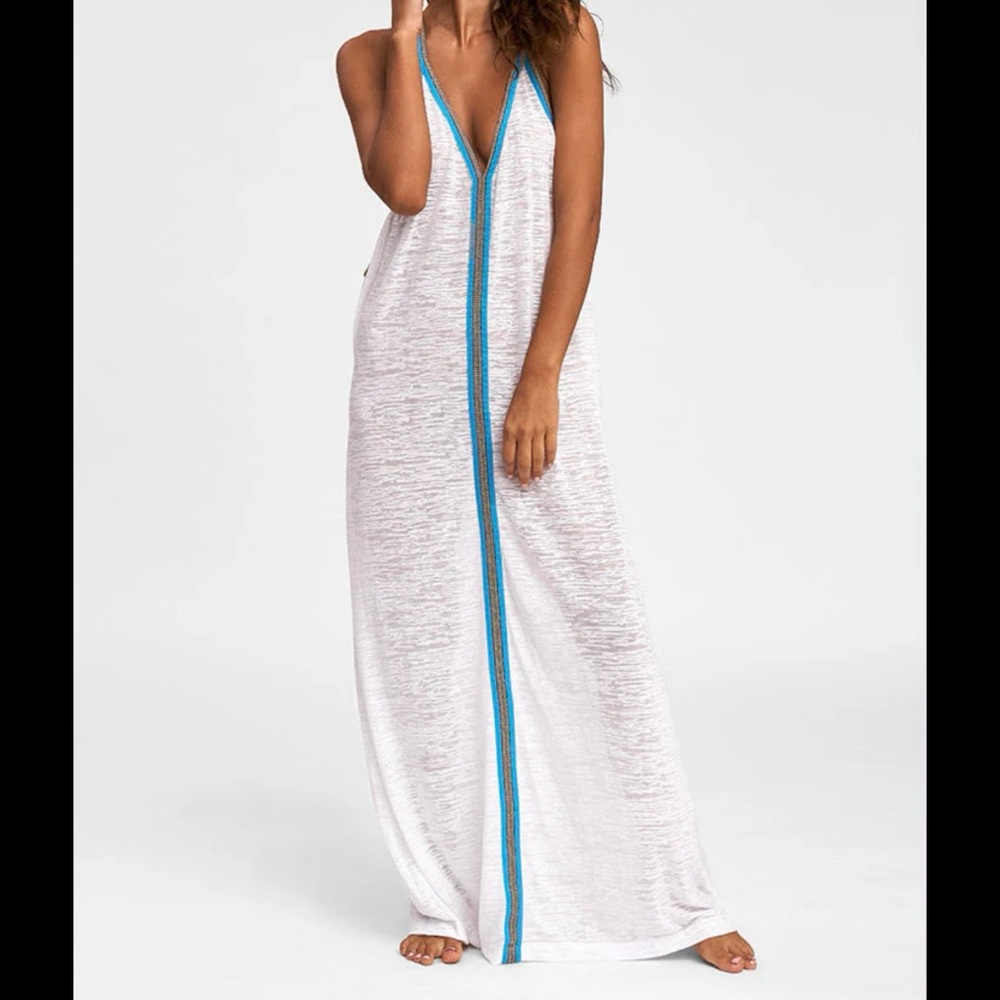Pitusa pítusa White with Blue Inca Maxi Sundress with Inca Trim Detail